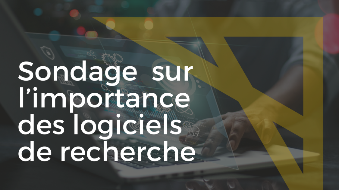 Une image d’une personne utilisant un ordinateur, avec la flèche du logo de l’Alliance et le texte « Sondage sur l'importance des logiciels de recherche » écrit en blanc sur l'image.