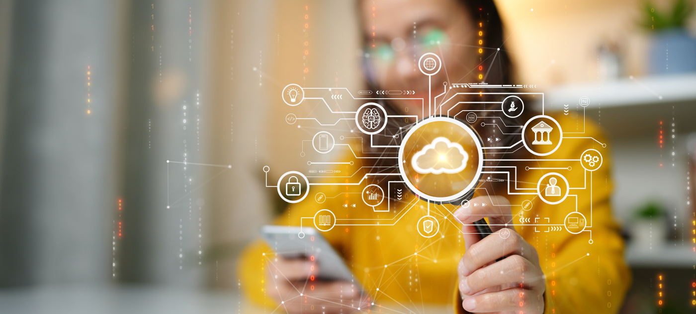 Researcher uploading and transferring data from smartphone to cloud computing