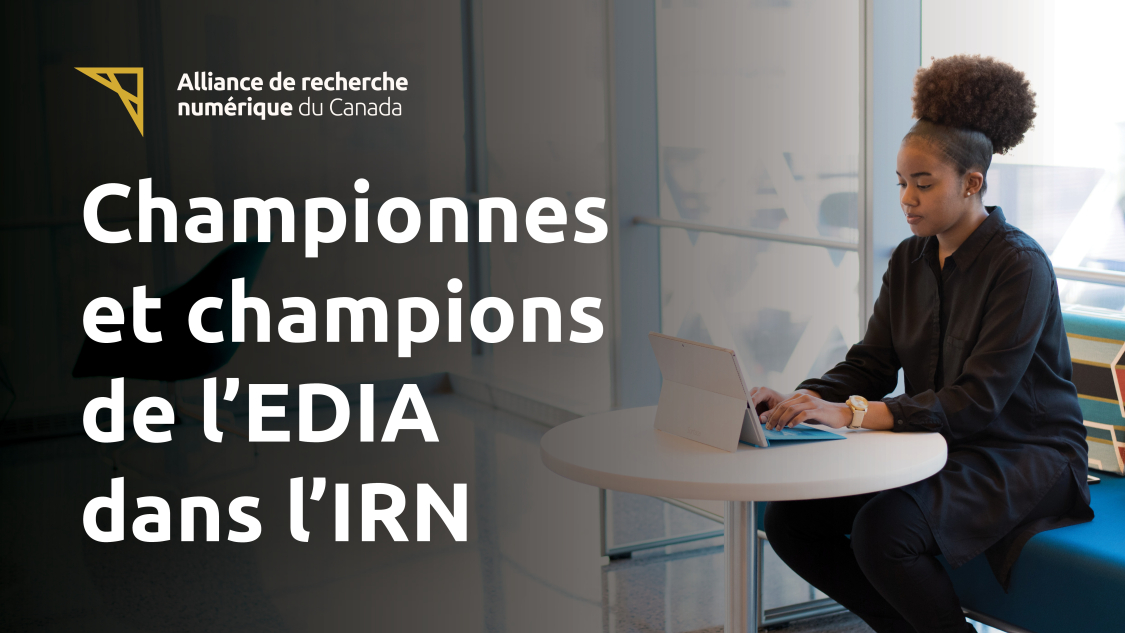 Programme pilote des championnes et champions de l’EDIA dans l’IRN. Chercheuse travaillant sur un ordinateur portable. Logo de l'Alliance.