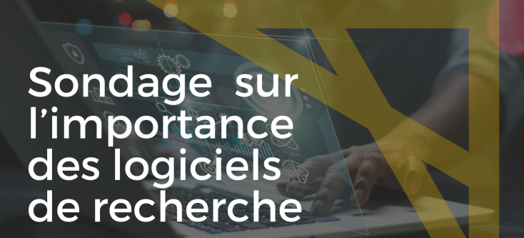 Une image d’une personne utilisant un ordinateur, avec la flèche du logo de l’Alliance et le texte « Sondage sur l'importance des logiciels de recherche » écrit en blanc sur l'image.