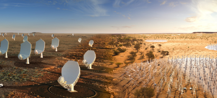 Composite image of the SKA telescopes, blending real hardware already on site with artist's impressions. 